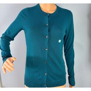 LOFT Womens Small Teal Button Up Cardigan Sweater Long Sleeve Wool Blend Knit